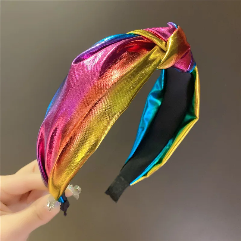 Unique Rainbow PU Leather Hnotted Headbands Women Fluorescent Bright Color Dance Party Hair Accessories Glowing Cloth Headwear