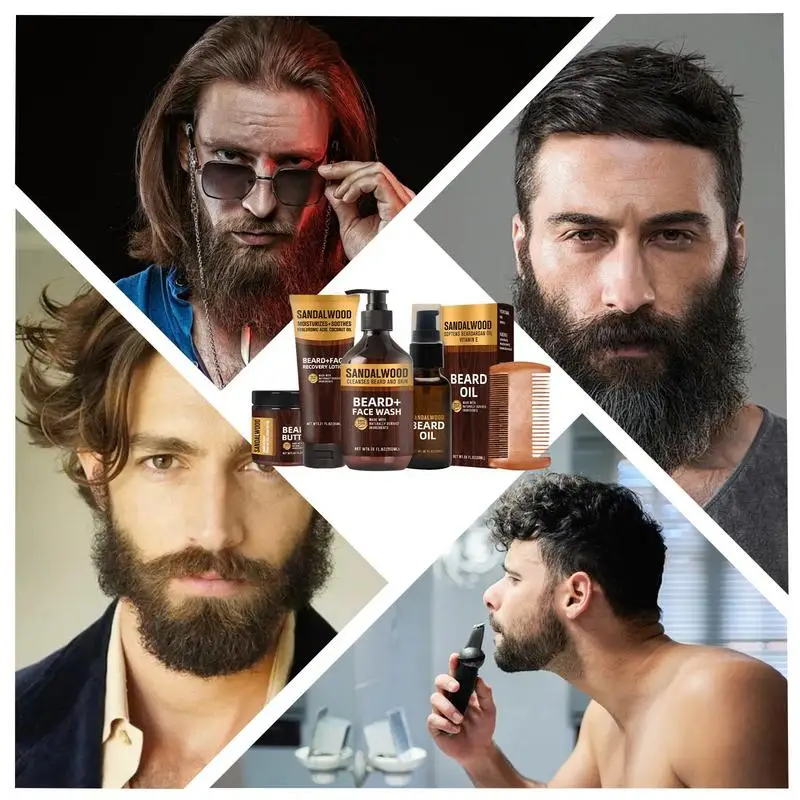 5 pezzi Set per la cura della barba uomo olio per barba baffi crescita dei capelli pettine per la cura della barba, olio per barba, detergente per barba da 200ml, crema per barba, idratante