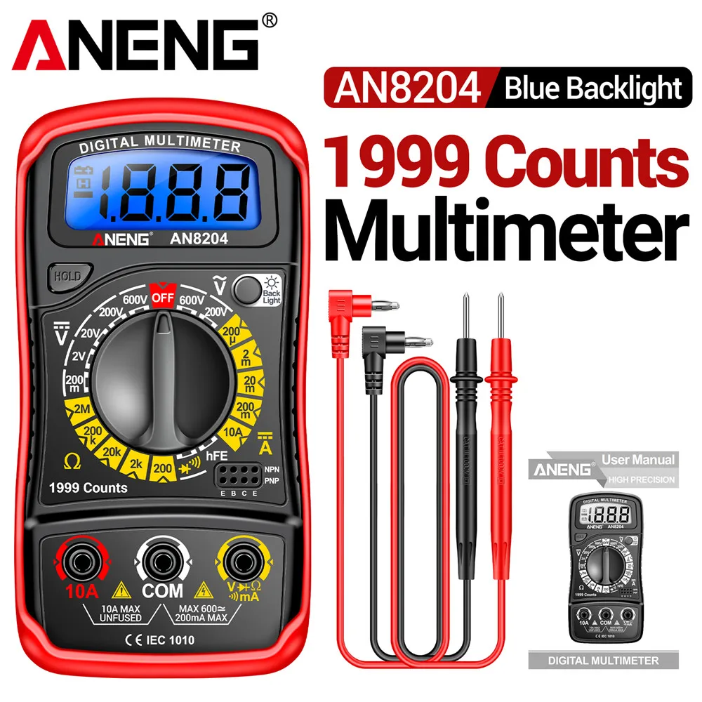Digital Multimeter 1999 Count AN8204 ANENG HFE Triode Buzzer Test AC/DC Voltage 10A Current Resistance Multimetro Meter DIY Tool