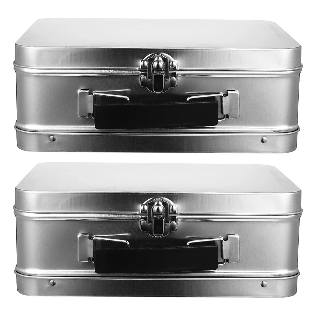 

2 Pcs Tinplate Storage Case Desk Organizer Silver Travel Lockable Metal Container Multipurpose Jewelry Box Keepsakes