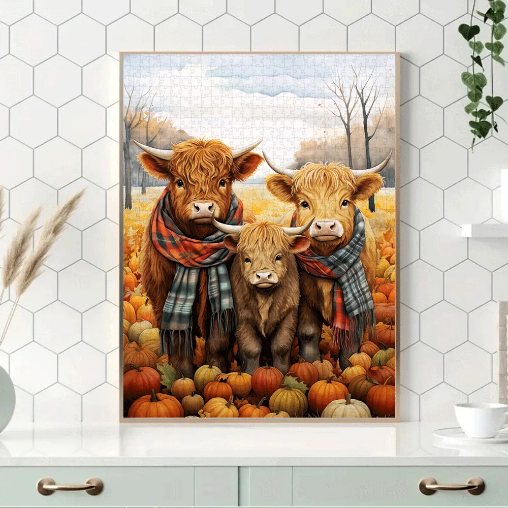 [Puzzle parabolico] Puzzle impegnativo da 1000 pezzi per adulti - Bovini delle Highland con sciarpe scozzesi e zucche autunnali