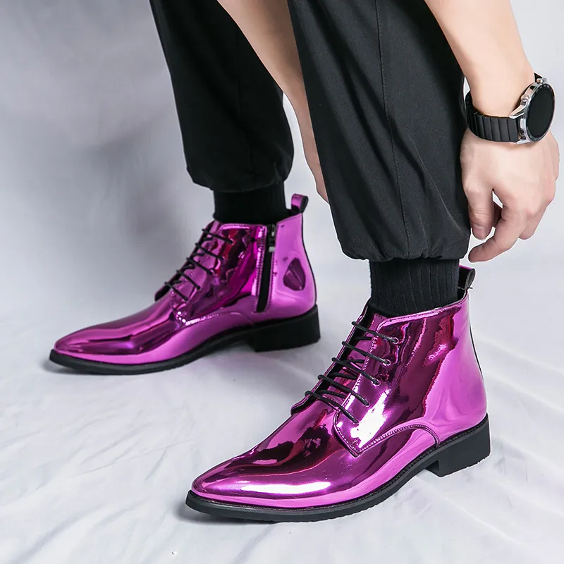

Luxury Glitter Men Dress Boots Trendy Purple High Top Wedding Shoes For Men Pointed Zippers Men's Social Shoes Large Size 47