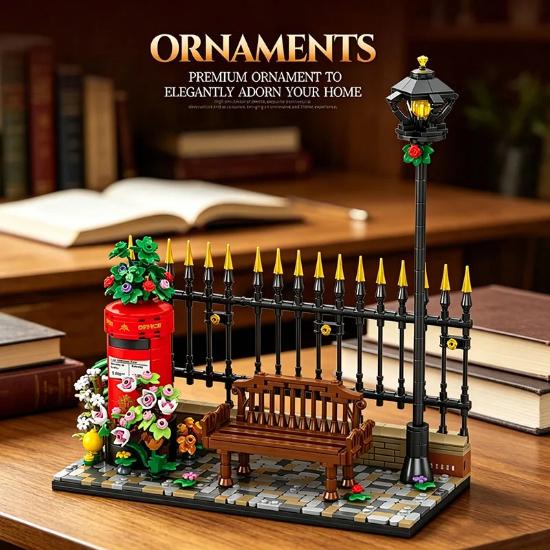 

1057PCS Long Bench Building Blocks Set London Street Scene Model With Street Lamp Flowers DIY Creative Brick Kit for Adult Decor