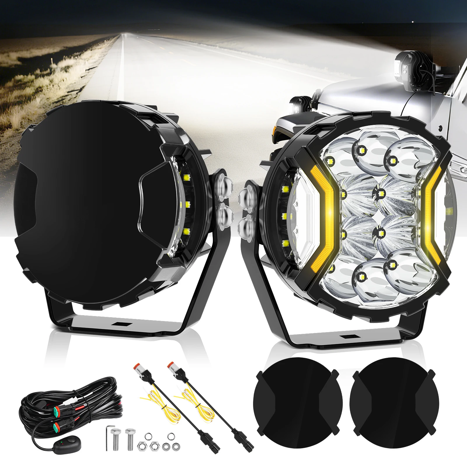 MICTUNING 5 Inch LED Light Pods 180W Hyper Spot Beam Work Lamp Pod White DRL & Amber Turn Signal with Covers