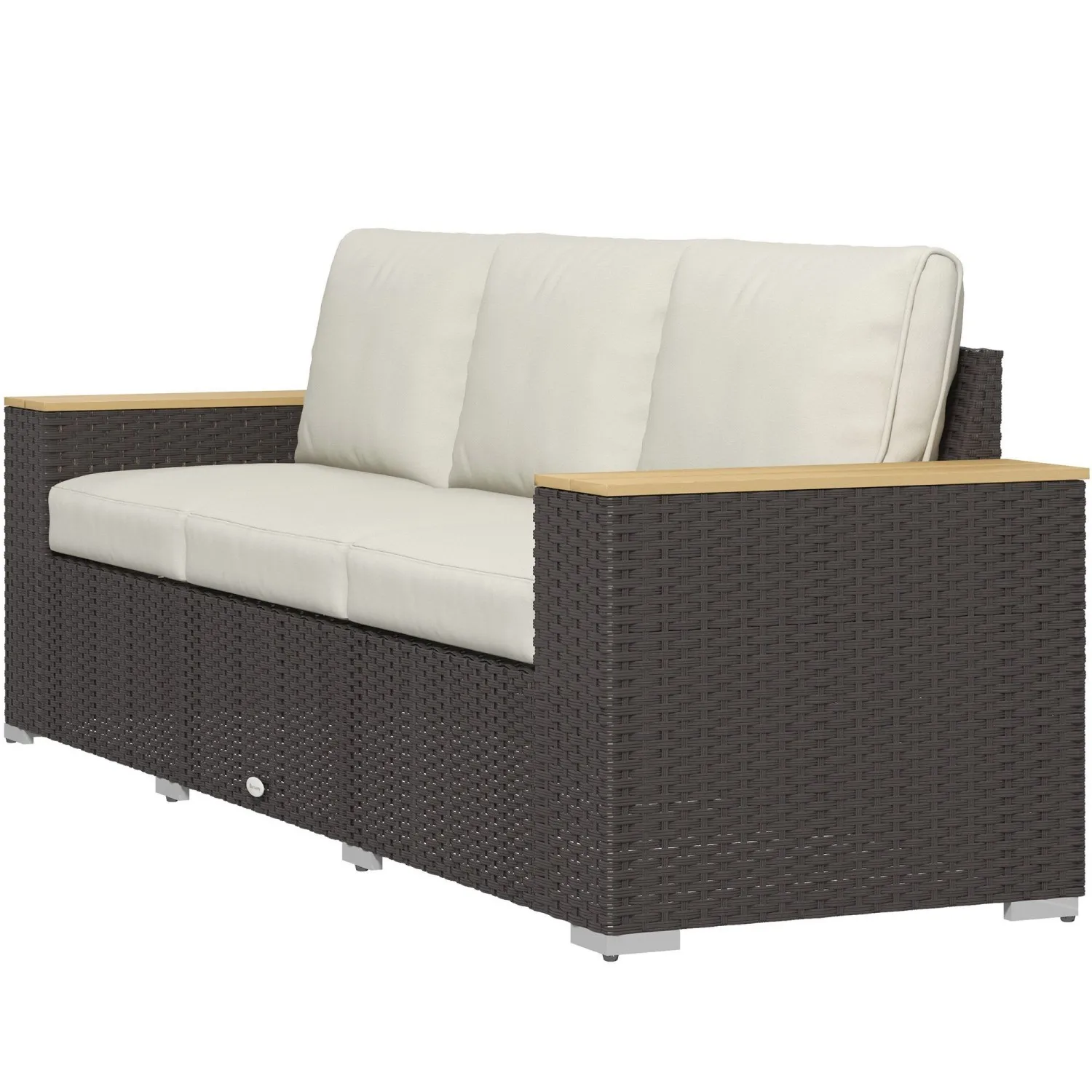 

Outsunny 3-Seat Patio Sofa with Cushions Beige PE Rattan Outdoor Couch Wood Grain Armrests for Porch Garden Poolside