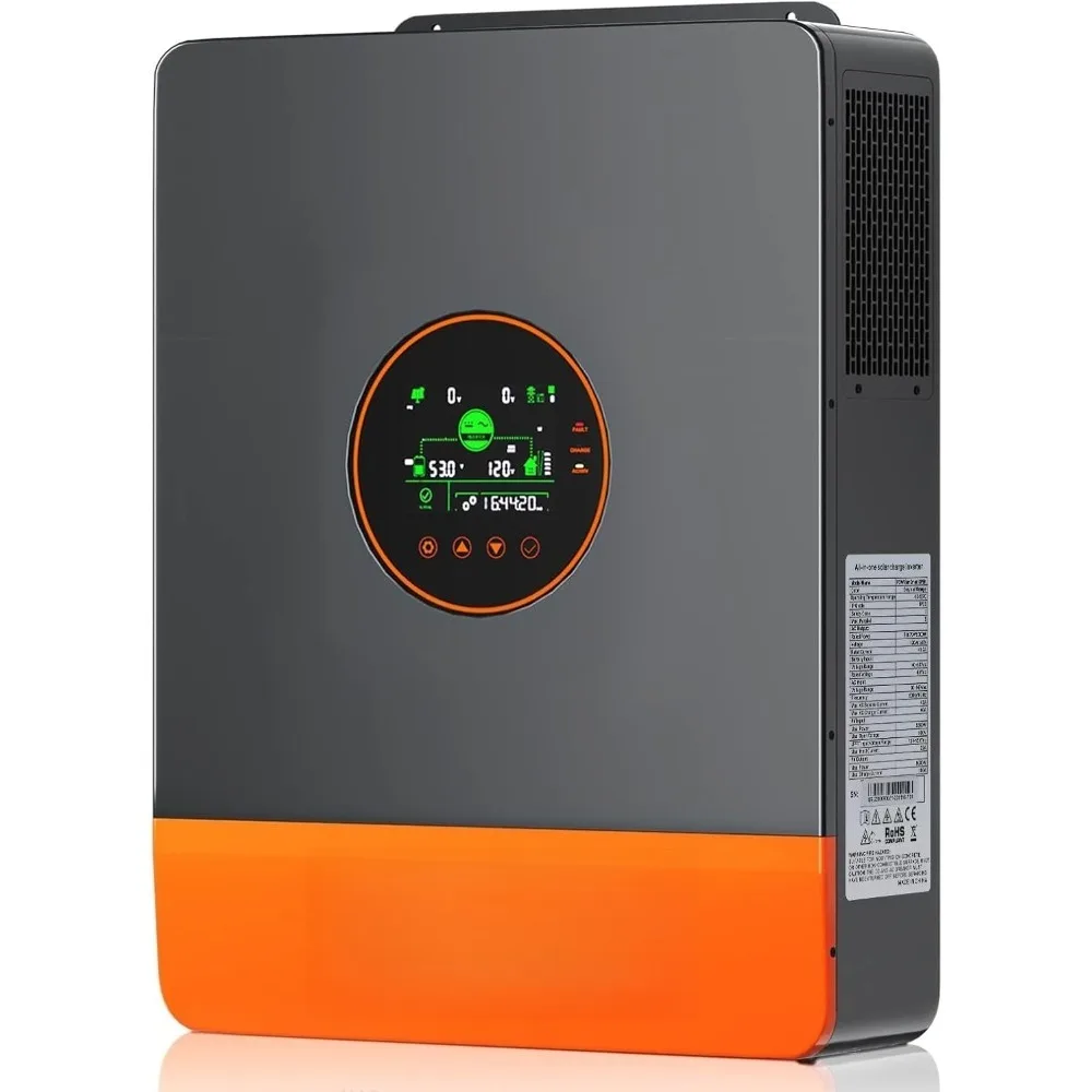 

Гибридный солнечный инвертор 5200 Вт, 48 В DC в 110 В/120 В AC, инвертор с раздельной фазой и контроллером MPPT 100 А, макс. Входная мощность фотоэлектрических панелей 6 кВт, 500 В постоянного тока