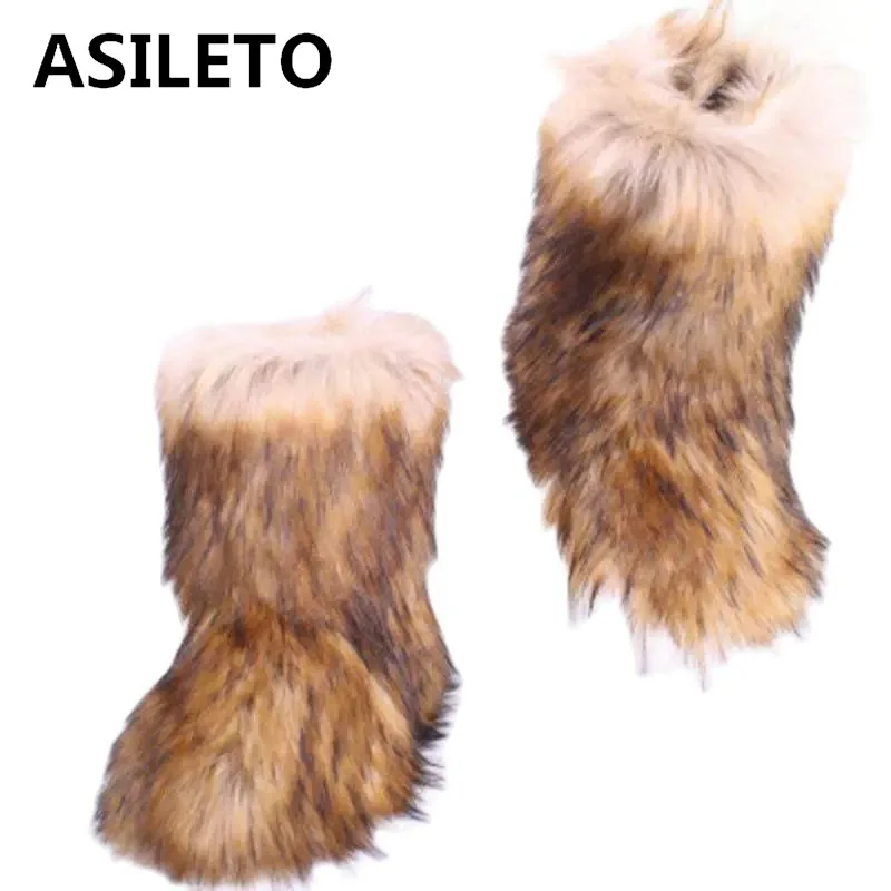 ASILETO Winter Boots women hairy Ostrich Feather furry Fur flats plush ski warm winter boots fluffy shoes bootie hot sale T553