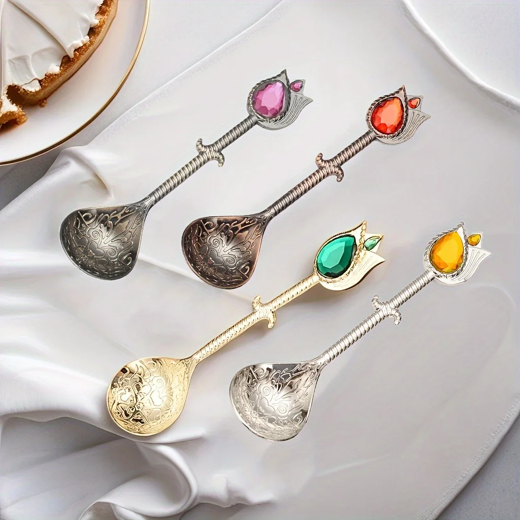 

4PCS Vintage Dessert Spoon Stainless Steel Spoon Durable Coffee Cake Arc Handle Design Kitchen Accessories Multi functionalSpoon