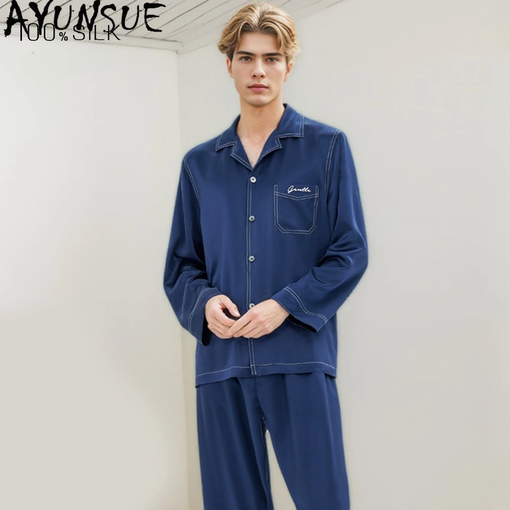 

AYUNSUE Набор мужской домашней одежды из натурального шелка тутового шелкопряда 16 мм: пижама с длинным рукавом и брюками, тонкий стиль, весна-лето