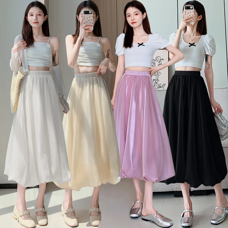 

Real Photos Summer Women Elastic High Waist Long Shiny Skirts Sweet Girls Bottom Black White A Line Skirt With Linning