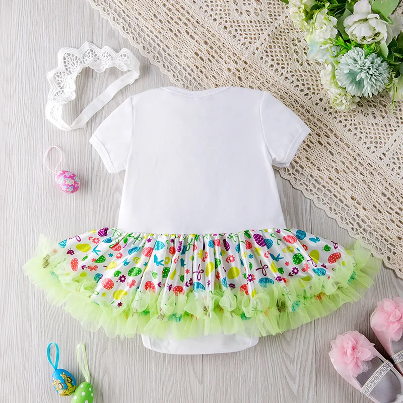 

New Style Baby Girl Easter Romper Dress Hair Accessories Set Cartoon Egg Color Satin Mesh Patchwork Jumpsuit