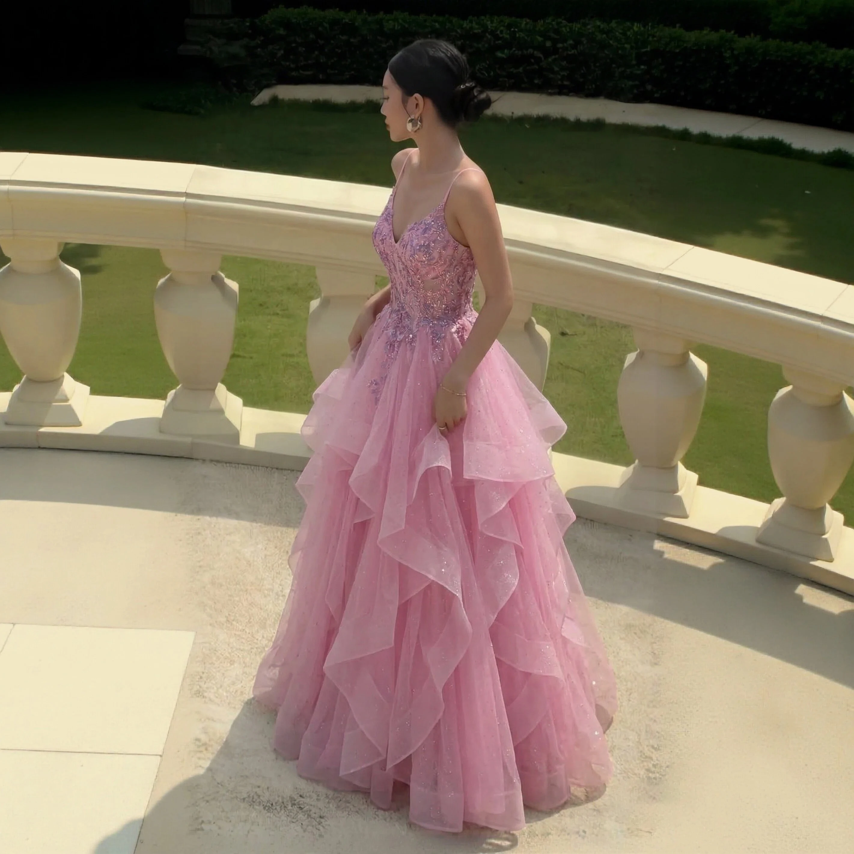 Sharon Said Rosa A-Linien-Abschlussballkleid mit Applikationen, Pailletten, Rüschen, Tüll, formelle Partykleider für Damen SH053, individuell gestaltet