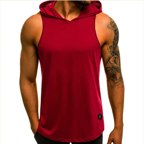 สีทึบลำลองชายกล้ามเนื้อ Gym Hoodie Tank Top หลวมผ้าฝ้ายเพาะกายเสื้อแขนกุด Hooded Men เสื้อยืด