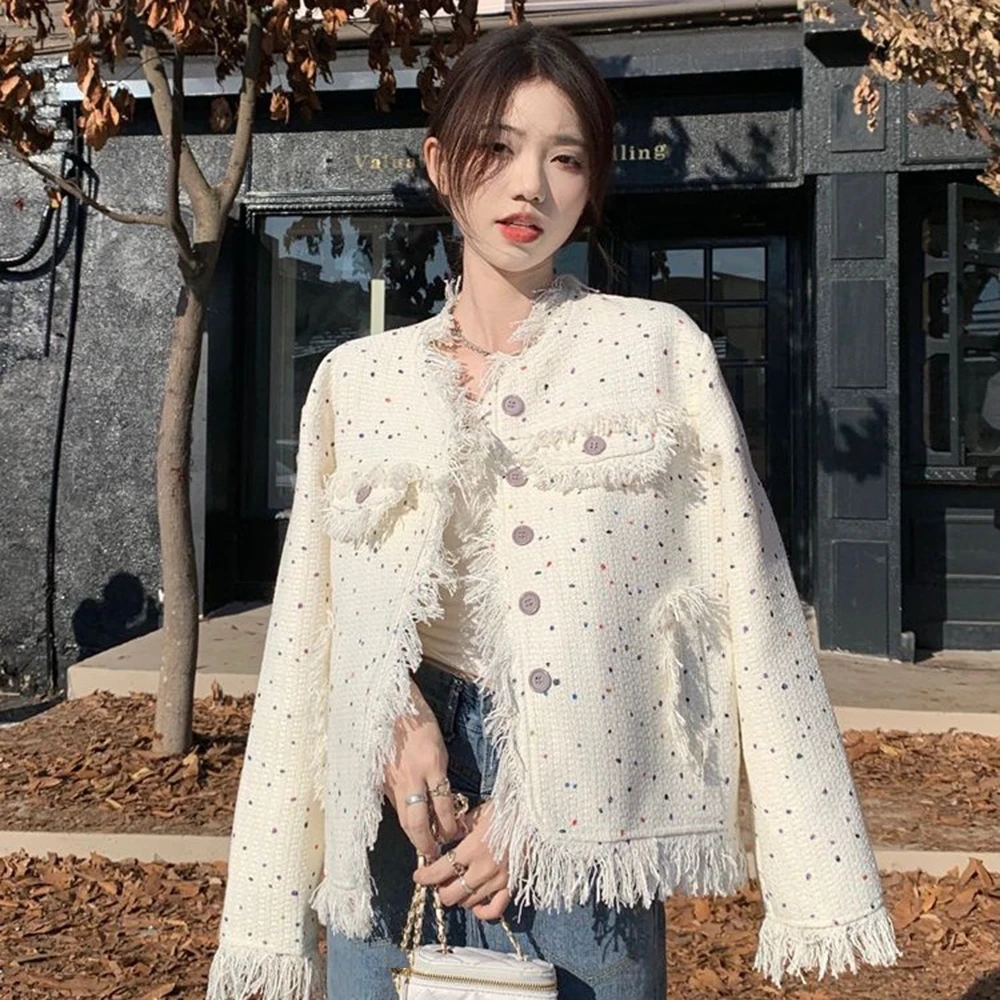 

Women Colorful Polka Dot Tassel Coat New Style Spring Autumn Design Loose Long Sleeve Round Neck Single Breasted White Jacket
