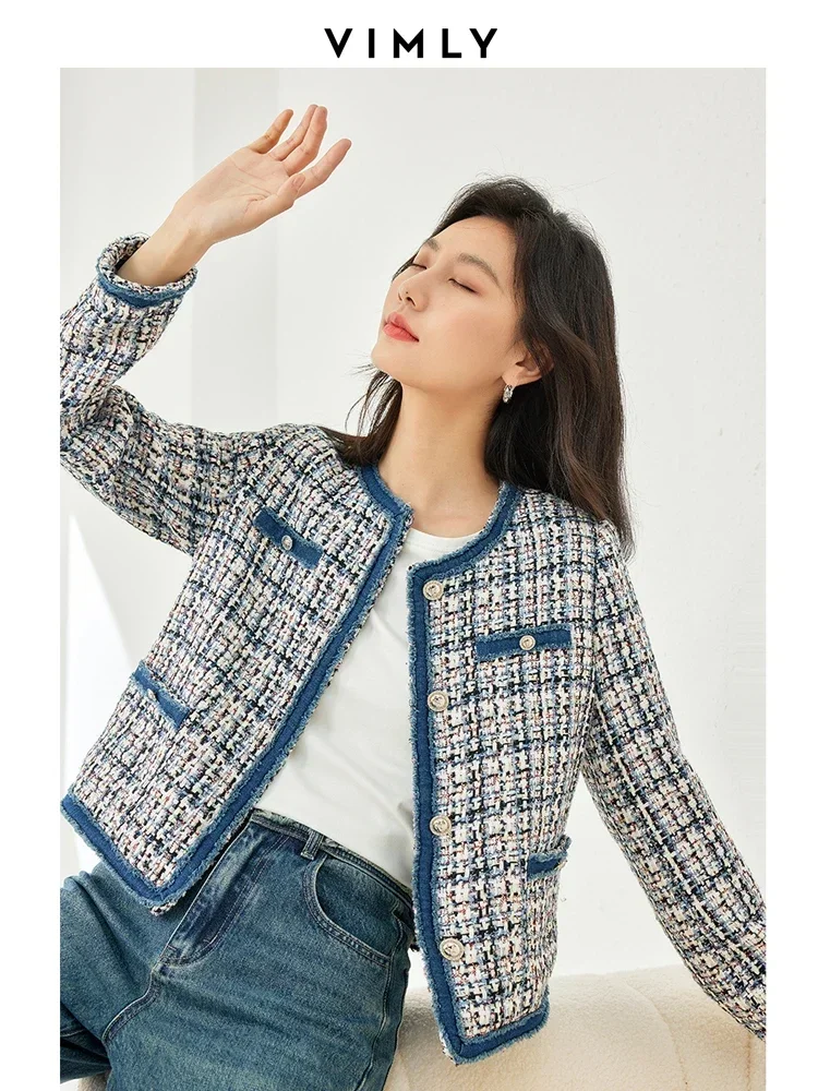 Vimly Plaid Tweed Cropped Jacket for Women 2024 Spring Patch Denim Design Elegant Fashion Lady Short Coat Female Outerwear M3288