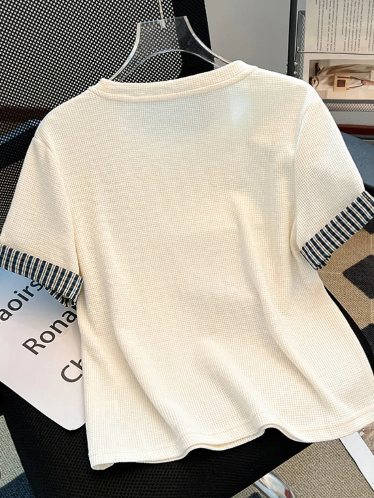 Summer ort Sve T-irt Women's Plaid Patchwork Design Sense oulder Top Korean Sle Loose Fit round Ne Casual irt