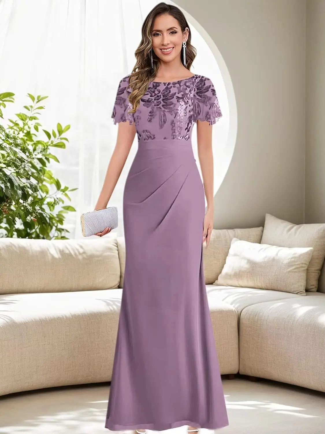 Formal Mermaid Mother of The Bride Dresses for Women with Sleeves Floral Sequin Chiffon Evening Dress