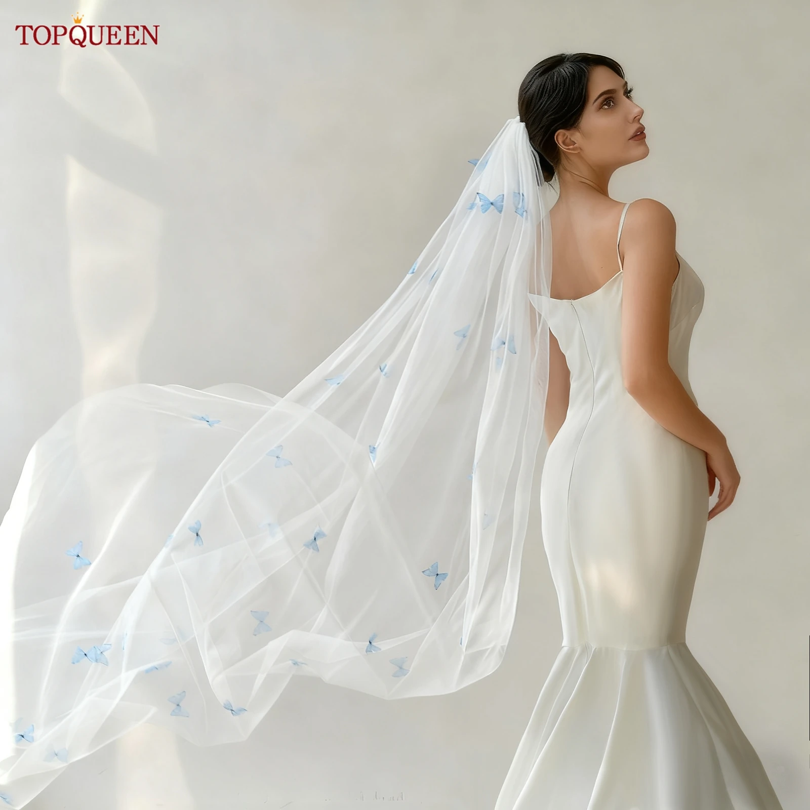 TOPQUEEN ثلاثية الأبعاد فراشة طرحة زفاف جميلة الأزرق فراشة الحجاب الزفاف 3 متر اكسسوارات الزفاف للتخصيص M110 #2