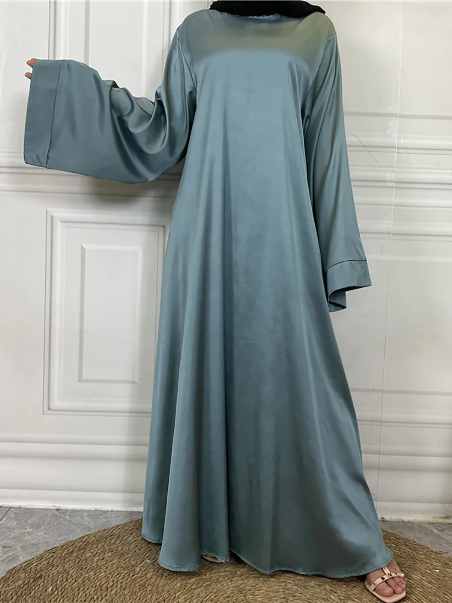 long dress muslim simple elegant Elegant O-neck Long Sleeve Lace Up Robes Muslim New Simple Loose Commute Maxi Dresses Spring Autumn New Solid Color Satin Dress