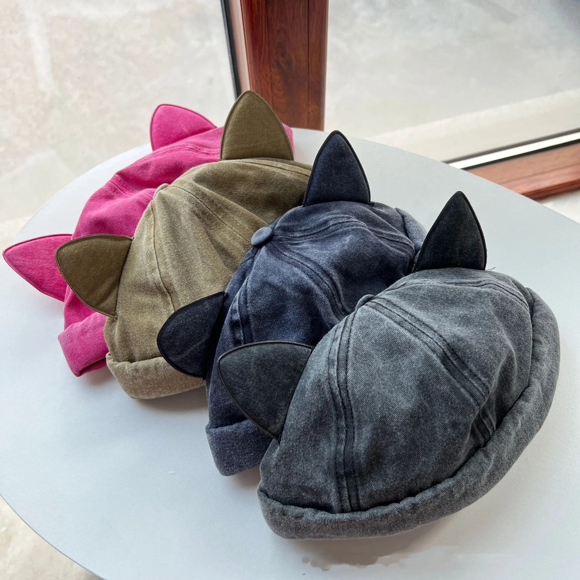 لطيف آذان القط دوكر قبعة Brimless قبعة شخصية الدنيم بلون المالك قبعة الرجعية غسلها الهيب هوب Skullcap للجنسين قبعة صغيرة قبعة #5