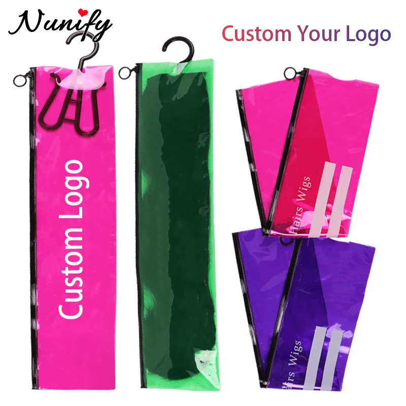 Personalized Wig Packaging For Small Businesses Custom Logo Hanging Wig Holder 10Pcs Pvc Wig Bags With Hanger For Multiple Wigs