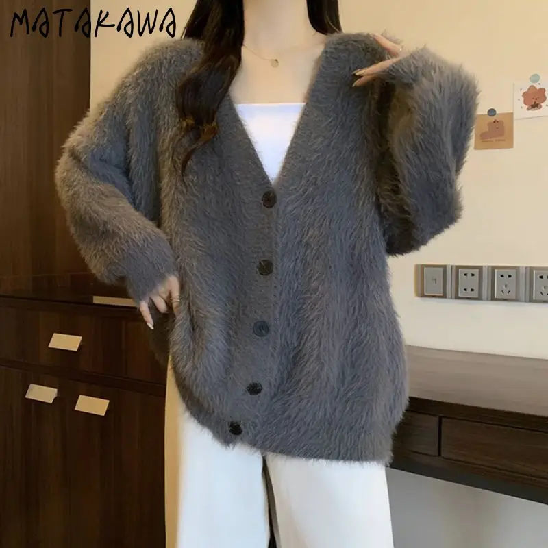 

Matakawa Autumn Winter Clothes Woman Sweaters Solid Mink Cashmere Warm Thick Cardigans Korean Fashion Loose Ropa De Mujer