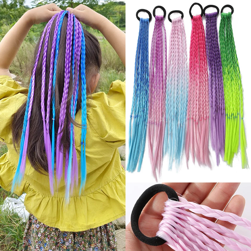 Coleta trenzada sintética de colores con liga elástica, arcoíris, para niñas