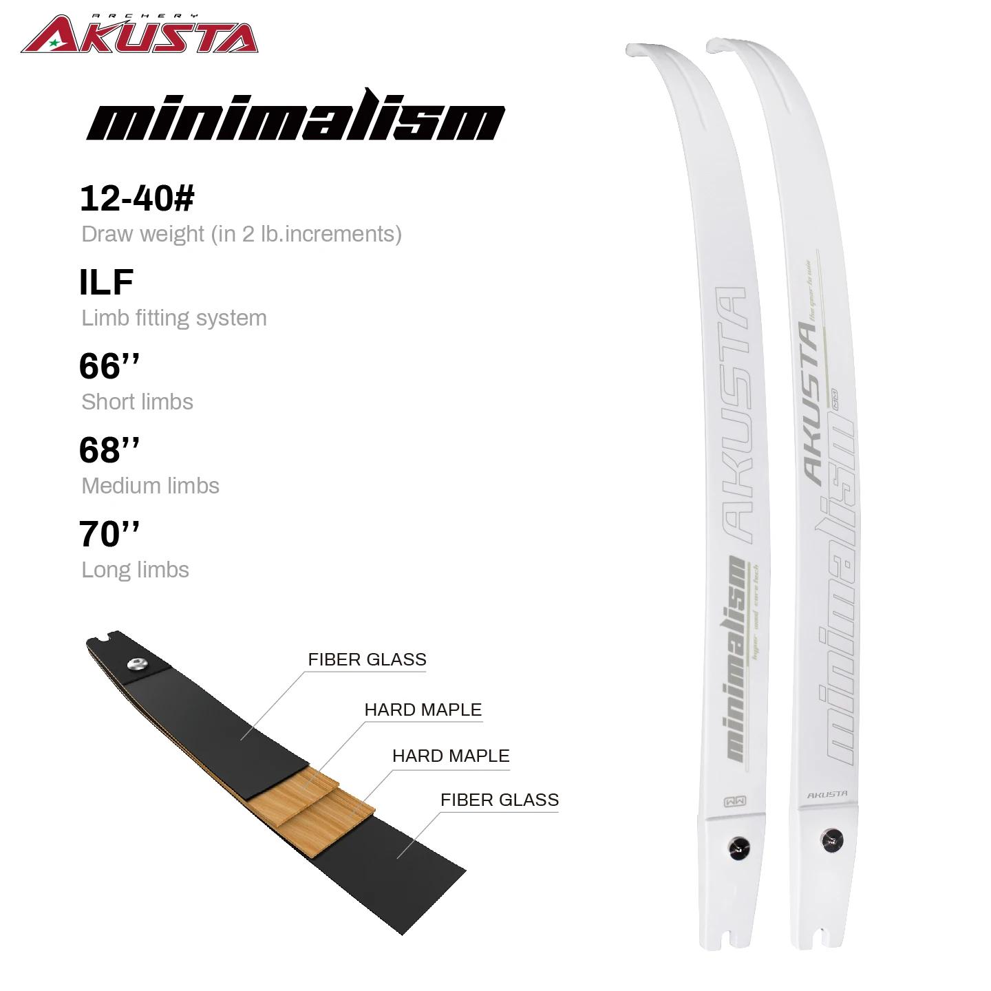 Akusta arco recurvo 66/68/70 extremidades ILF tecnología de núcleo de madera con serie minimalista de fibra de vidrio