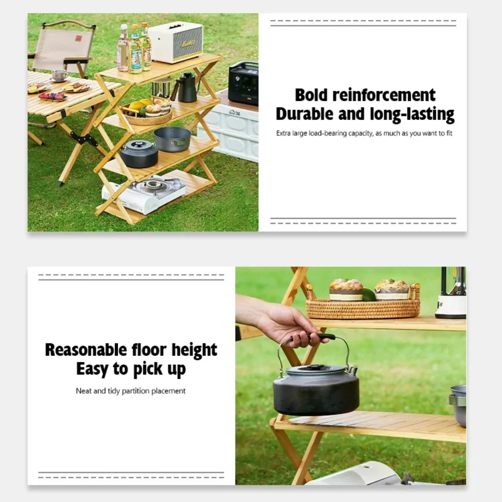 Camping Tables Outdoors Folding Table Portable Camping Wood Shelf Outdoor Portable Folding Rack Multi-Layer Foldable Bamboo Rack