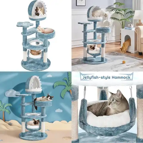 Ocean-Themed 45.5 Multi-Level Cat Tower with Plush Furniture, Shark Mouth Nest, and Sea Star Perch for Climbing and Resting