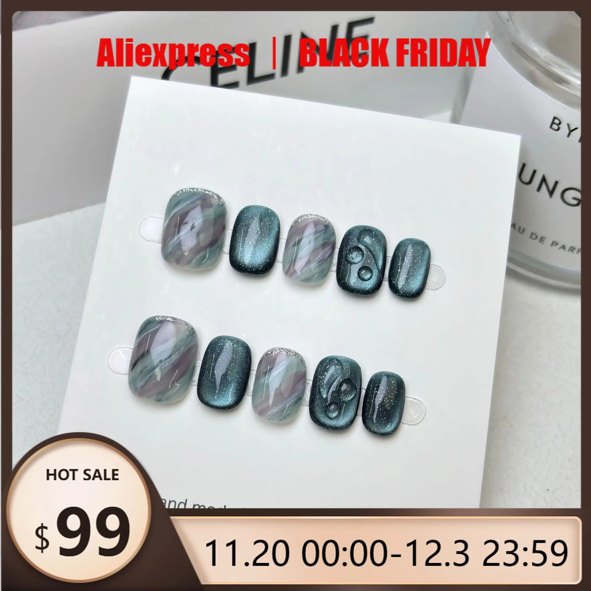 

10Pcs Handmade Press on Nails Short Square Green Water Qingchuan False Nails for Women&Girl Removable Wearable Nail Art