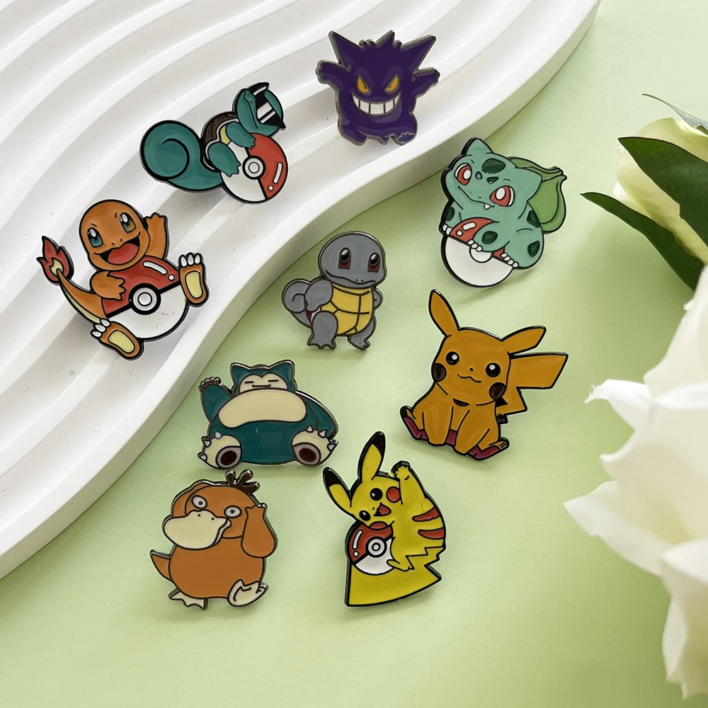 Juego de alfileres esmaltados de Pokémon Anime, 9 Uds., Pikachu Charmander Squirtle Bulbasaur Gengar, insignias de broche de Metal para fiesta de Cosplay para niños