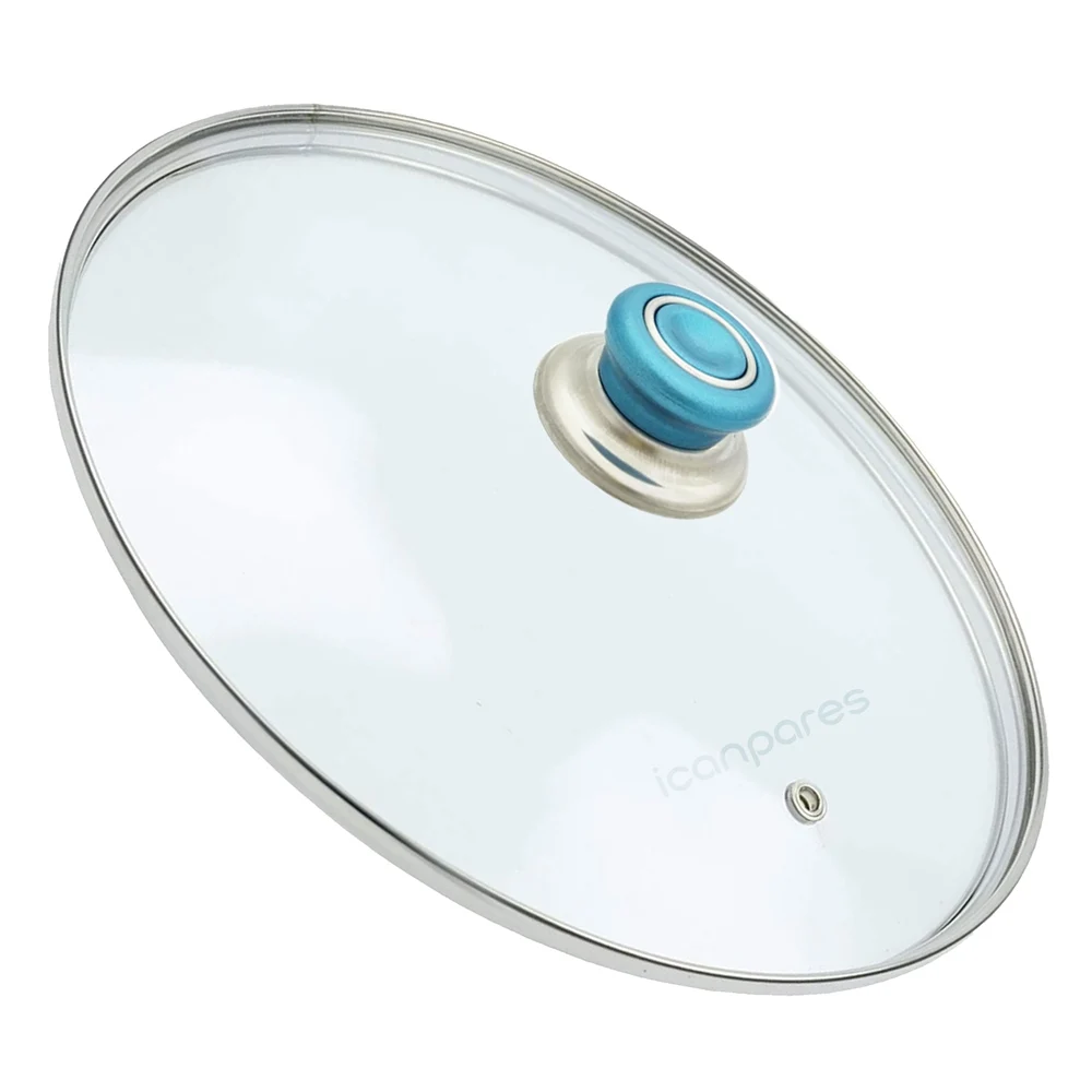 Universal Cookware Sahan Pan Glass Cover With Steam Hole Cover 34 cm and Turquoise Holding Topping