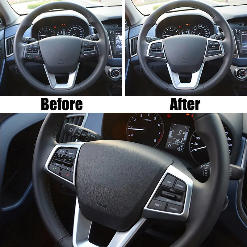 For Hyundai Creta 2015 2016-2019 Chrome Interior Steering Wheel Panel Cover Trim Badge Frame Molding Garnish Bezel Surround 2pcs