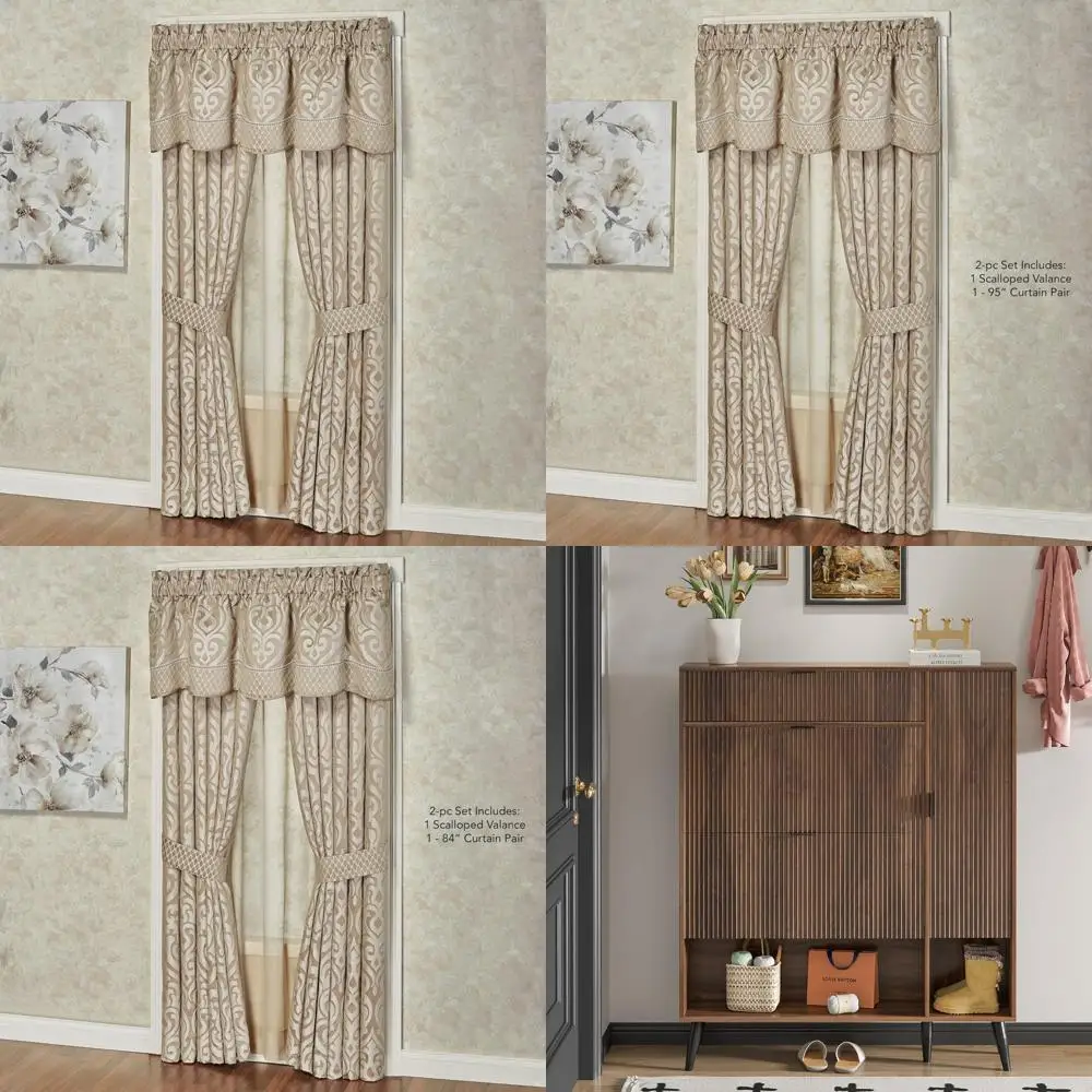 Tratamientos de ventanas de lujo en arena neutra y beige con medallones de desplazamiento con textura de hojaldre tejido jacquard