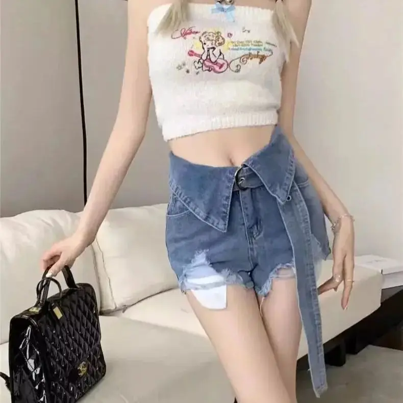 Waist Retro Ripped Denim Shorts For Women In Spring Japanese Korean High Waist Design Wide-Leg Hot Pants Fashionable