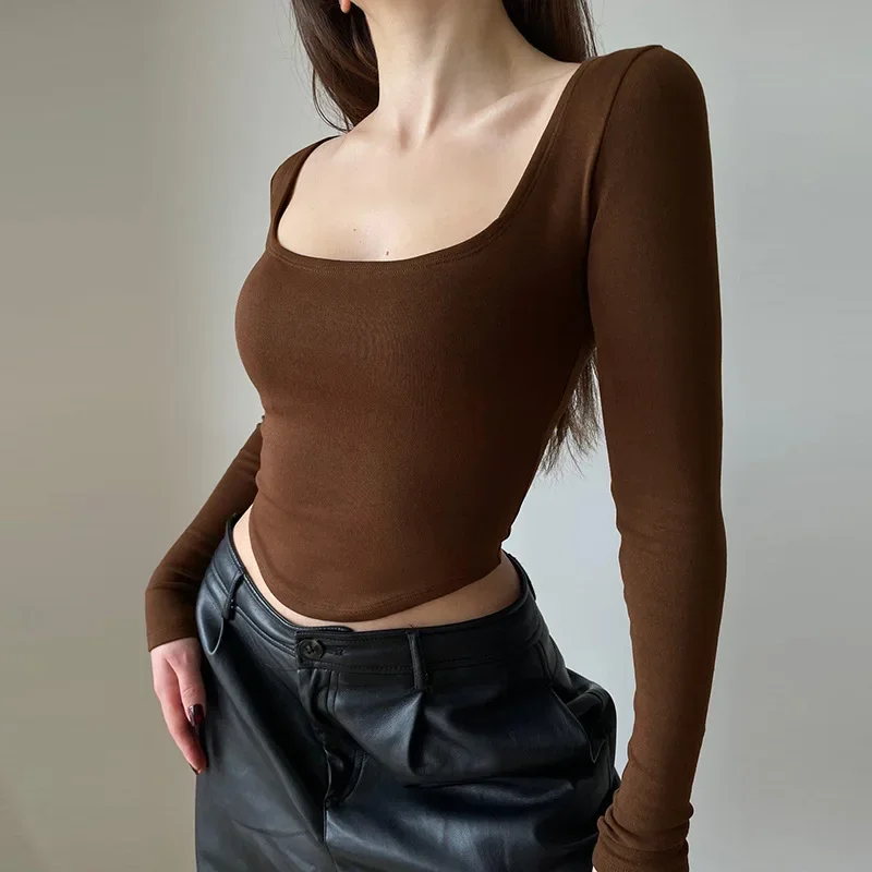 Long Sleeve U Neck Crop Top Women Sexy Y2K Female Slim Tight Tee Casual Summer Tee Clothes Streetwear Brown women clothing