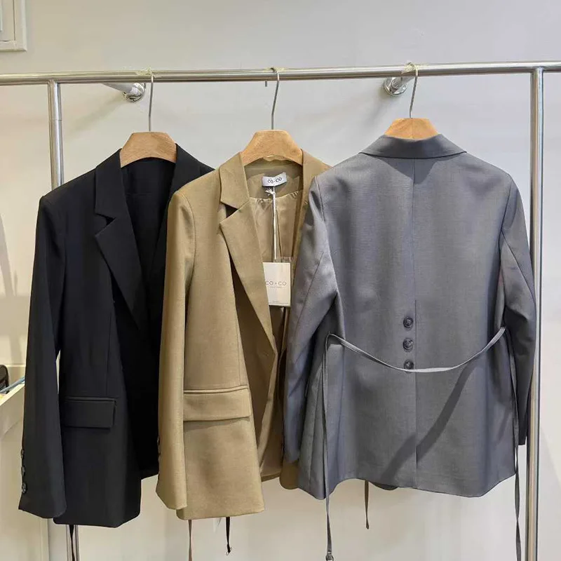 SuperAen 한국 스타일 Office Lady Blazers Slit Back 가을 2025 새로운 회색 캐주얼 긴팔 오버 사이즈 루즈 블레이저