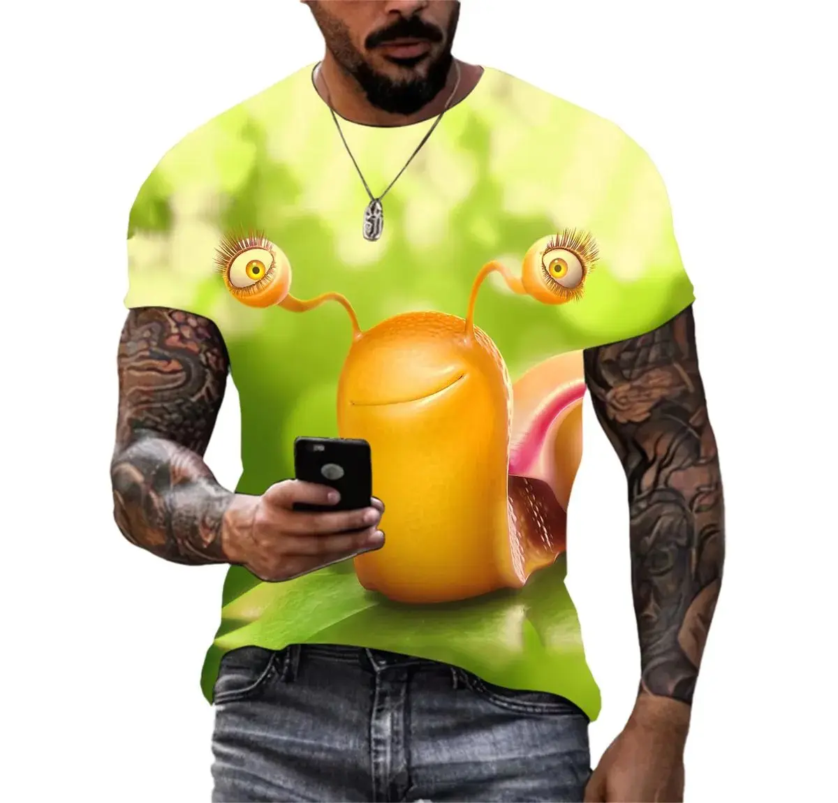 

Summer Men's New Fashion Casual Creative 3d Printed Snail Pattern Fun Hip Hop Personality Loose Plus Size O Collar Short Sleeve