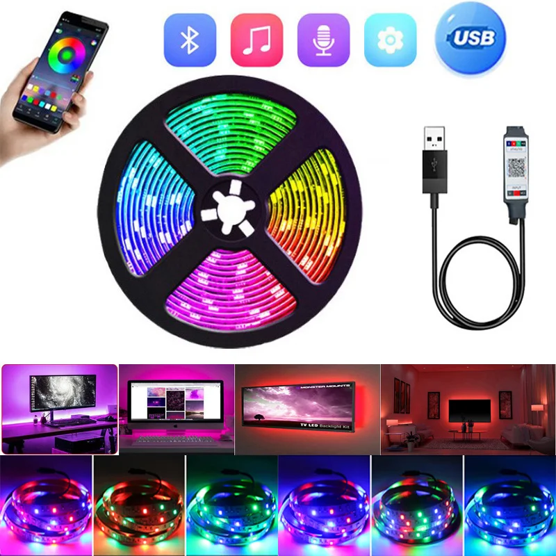 

5050 RGB LED Smart Strip Lights Bluetooth Control Music Sync USB 5V Flexible Led Lamp Tape For Room Party Decor TV Backlight