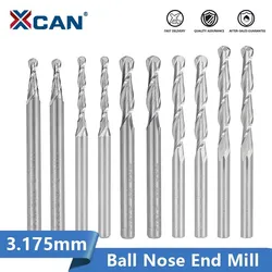 XCAN cięcie aluminium frez trzpieniowy 3.175mm(1/8 '')Shank Spiral Ball Nose frez do aluminium mosiądz 2 flet CNC frez