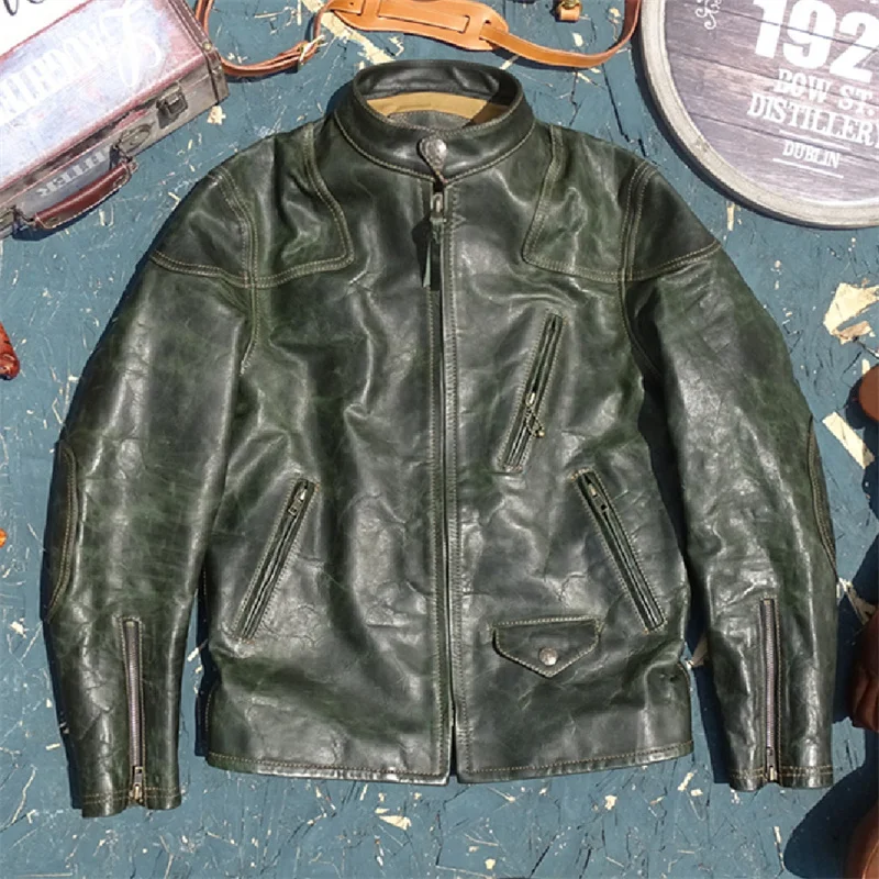 

Vintage Forest een Oil Wax Leather Jaet Men's Stand Collar Slim Fit Casual Faion Urban Sle ort Length Youth Coat