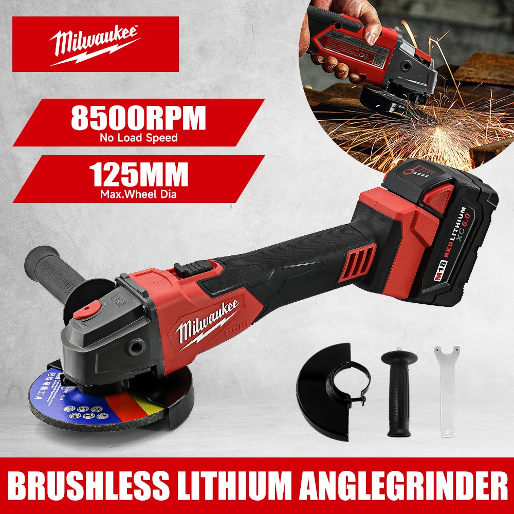 Meuleuse d'angle sans fil Milwaukee M18 125 mm, outils électriques sans fil avec interrupteur à palette sans verrouillage pour le polissage et la découpe