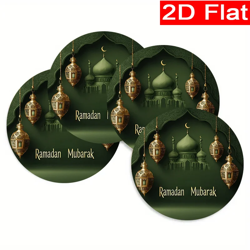 4 piezas que celebra un feliz diseño del castillo lunar de Ramadán | Mantel Individual circular de poliéster con impresión plana 2D, adecuado para mesas de cocina