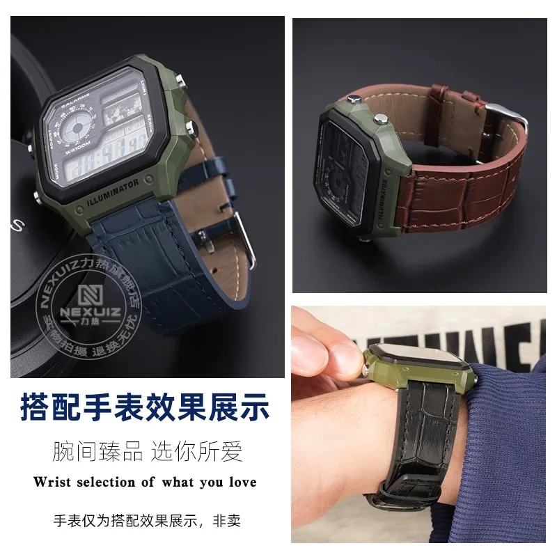 Ремешок для часов из воловьей кожи 18 мм подходит для Casio, маленький квадратный цепочка для часов серии AE-1200/1300, мягкий специальный ремешок из воловьей кожи