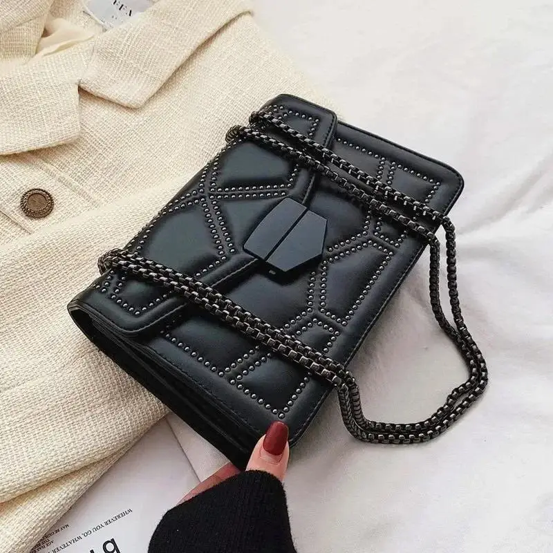 Vintage Rivet Chain Shoulder Bags For Women Flap PU Leather Fashion Small Square Crossbody Bag Designer Handbag