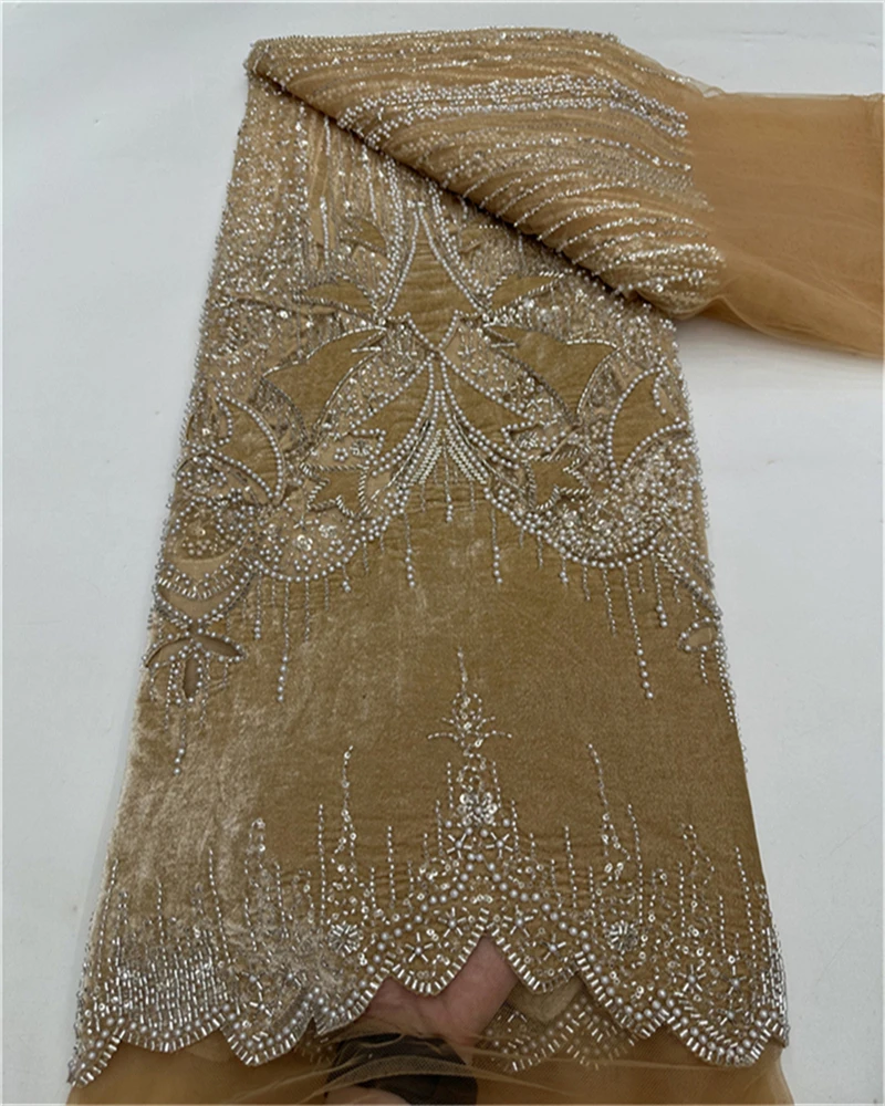

African Nigerian High-Quality Velvet Lace Fabric with Embroidery Beaded Sequins for Bridal Dresses French Tulle Lace