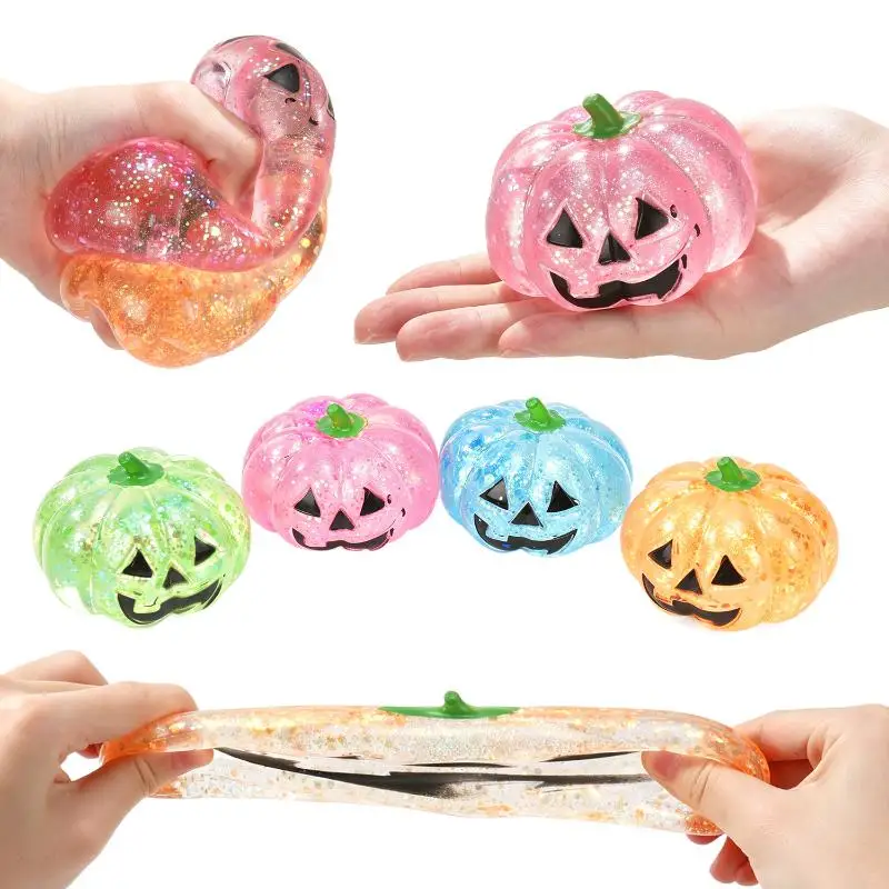 Glitter Halloween Pumpkin Stress Relief Squeeze Toy Sequins Filled Fidget Toy for Office Workers Anxiety Relief Gifts