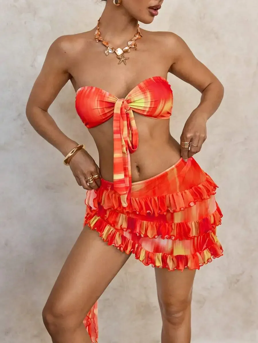 

Women Tie Dye Bandeau Bikini Set With Ruffled Skirt For Beach Summer Festival