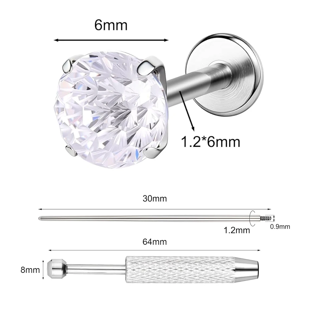 4pcs/Set Flat Back Earring Stud Internal Thread Round CZ Titanium Tragus Cartilage Piercing Jewelry Clear White Cubic Zirconia